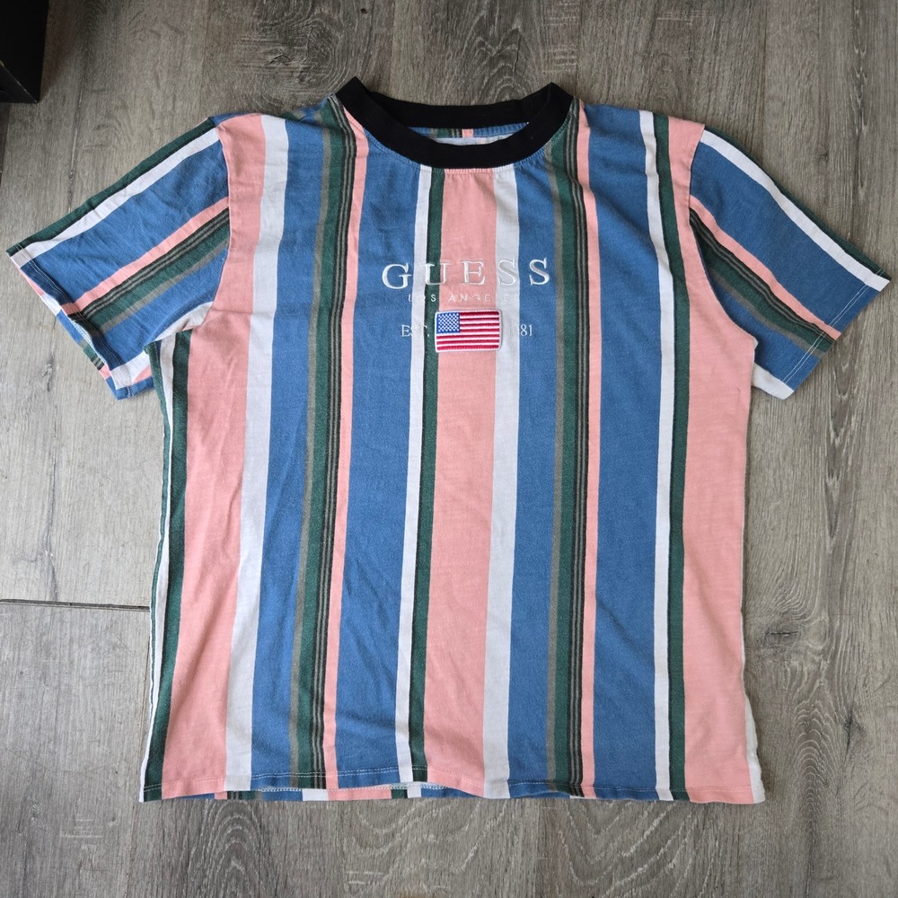 VTG Guess USA‎ Pink T-Shirt Men Medium Striped Retro Flag Skater Blue Green EUC